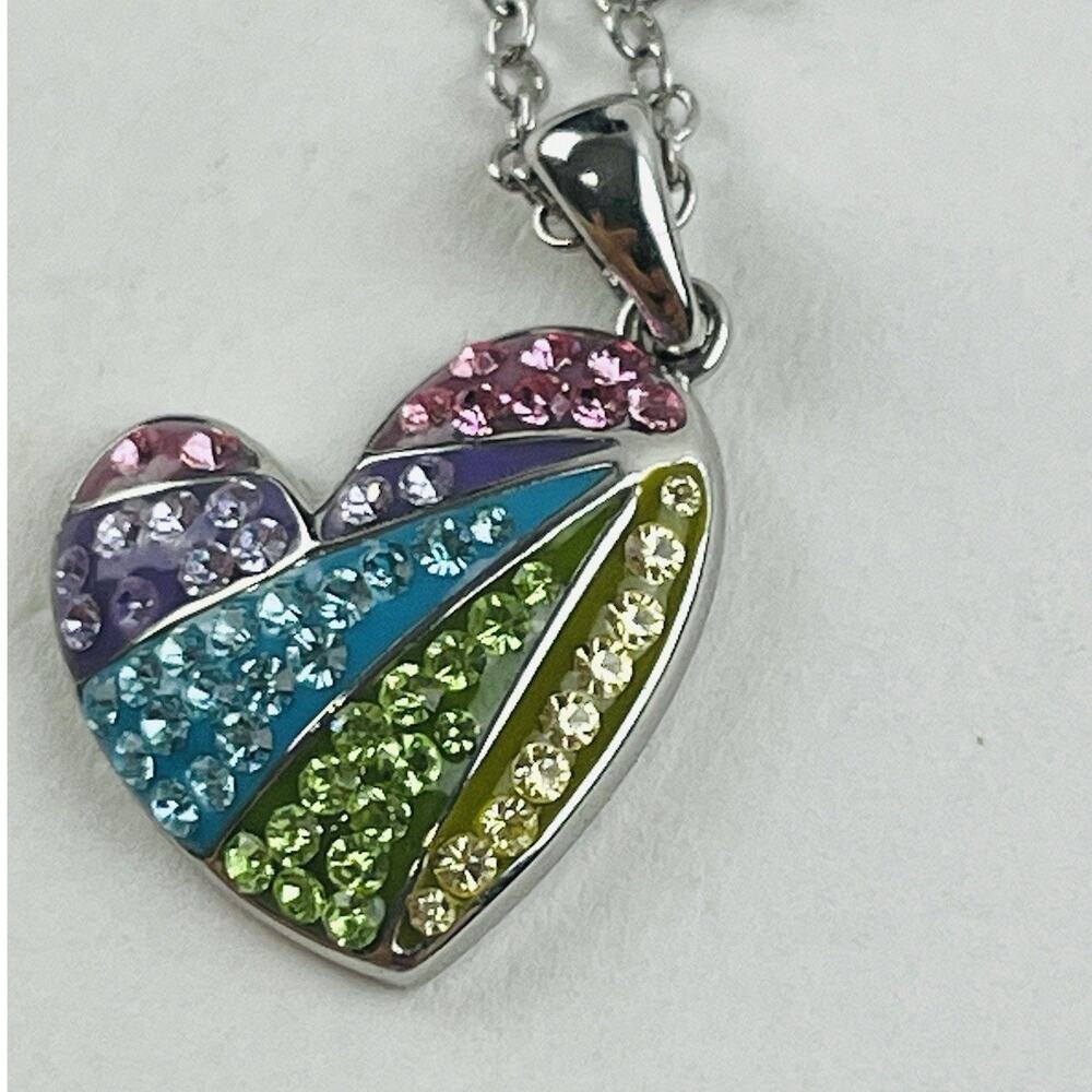 Rainbow Heart Silver Tone Necklace Pendant Angled Pastel CZ Cubic Zirconia Kohls - Picture 4 of 16